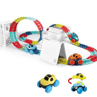 China Good Quality Low Price Flexible Slot Toy 92PCS Miniature Race Car With Led Neon Track Toy Car Preschool Toys For Children for sale