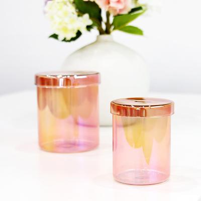 China Home Decor Customized High Quality Luxury Rainbow Colorful Rose Decorating Glass Candle Jar With Glass Lid for sale