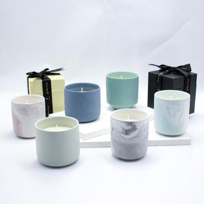 China Wholesale Modern Terrazzo Matte Gray Blue Round Candle Jars Concrete Ceramic Home Decoration With Custom Logo And Customized Box And Label for sale