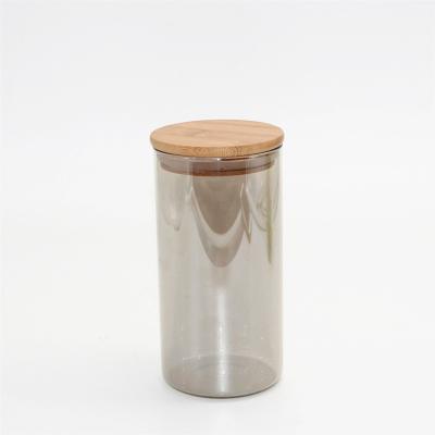 China Home Decoration Medium Gray Khaki Food Storage Glass Jar With Wooden Lid For Wholesale for sale