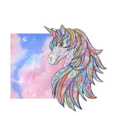 China DIY TOY Adequate Stocks Fantasy Unicorn Irregular Jigsaw Head 3D Craft Animal Wooden Puzzle for sale