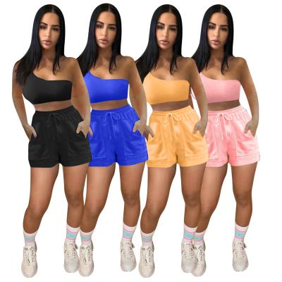 China New Arrivals MN8358 QUICK DRY sleeveless outfits for women a cropped two piece set sports slim off the shoulder top women's sets for sale