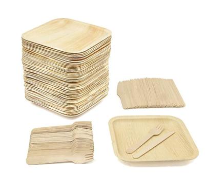 China Disposable eco-friendly tableware, disposable square palm leaf dishes, wooden forks and knives for sale