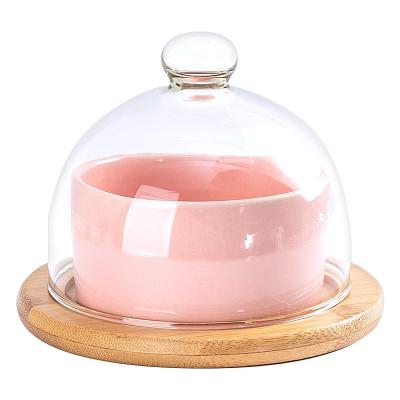 China Sustainable Ceramic Dessert Mug | cake baking bowl | transparent glass cover tray pudding bowl for sale