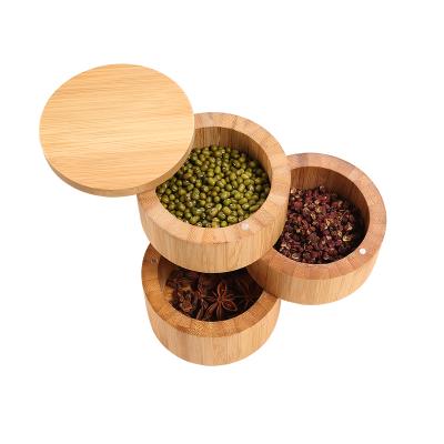 China Sustainable Three-Layer Salt Pot Magnetic Overlay Bamboo Pot For Salt And Seasoning Multilayer Design Combination for sale