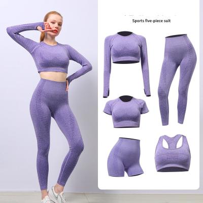 China Breathable Women 5 Piece Crop Top Sports and Gaiters Bra Workout Apparel Seamless 5 Piece Yoga Set for sale