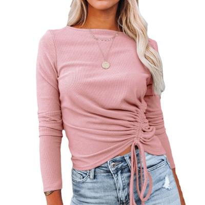 China Anti-wrinkle new fashion trends for fall 2021 Plus-size women's solid color drawstring tops crew neck tie detail and bottom sweater for sale