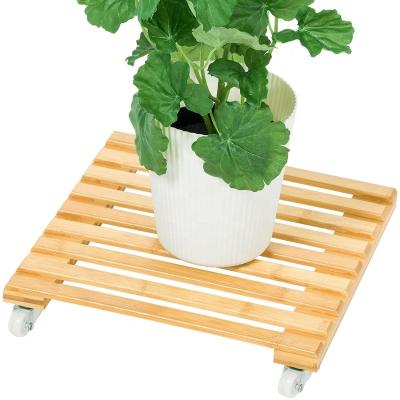 China Eco-friendly Durable Movable Flower Pot Stand Trolley Tray Bamboo Plant Stand With Square Wheels for sale