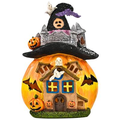 China Handmade Carved 12 Inch - Tall Halloween Battery or USB Powered Pumpkin House Statue with Witch Hat Halloween Decorations Pumpkin House Statue for sale