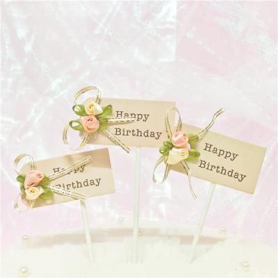 China Wholesale Cheap Cake Paper 3pcs/set Happy Birthday Cake Toppers Flowers Happy Birthday Cake Toppers Cupcake Decoration for sale