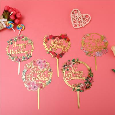 China Happy Birthday Cake Topper 3D New Acrylic Birthday Cake Flower Cake Decorating Paper Acrylic Painting Cake Decoration for sale