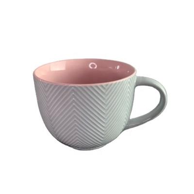 China New Viable Color Luster Bone China Soup Mug Embossed Ceramic Jumbo Mug for sale