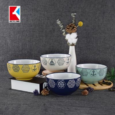 China Viable Fancy Japanese Color Round Pad Printing Ceramic Soup Noodle Salad Rice Bowl for sale