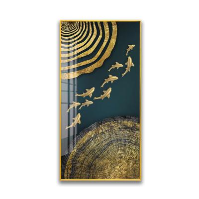 China Modern Design Abstract Gold Fish Lotus Leaves Crystal Porcelain Painting For Home Decoration for sale