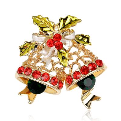 China ALLY ODM Kids Custom Designer Xmas Hollow Out Rhinestone Gold Plated Mistletoe Chime Jingle Christmas Brooches For Kids for sale