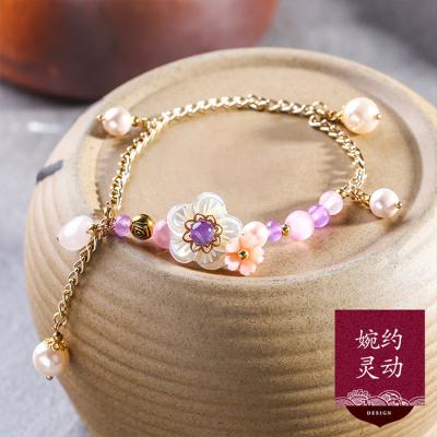 China Ethnic Pink Crystal Heart Imitation Opal Decorated Freshwater Pearl Anklet for sale