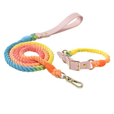 China Custom LOGO Pet Collar Leash Braided Quick Release Cotton Rope Adjustable Leather Dog Collar And Leash Set for sale