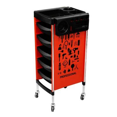 China Stylish 360 Degree Rotated Design Red Salon Trolley And Hairdressing Trolley 5 Drawers Big Storage For Hairdressers for sale