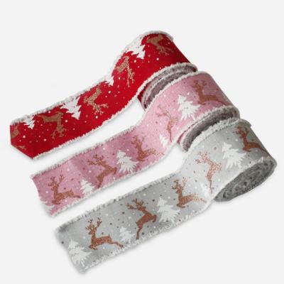 China Christmas Decoration 5M Red Rose Gray Elk Print Ribbon /Roll With Wire Lace Up Christmas Party Decoration DIY Christmas Craft Gift Wrap Edged Strap for sale