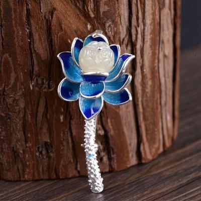 China Fashion Pure Silver Cloisonne Nephrite Inlay CLASSIC 925 Lotus Brooch Pendant Women's Jewelry Gift for sale