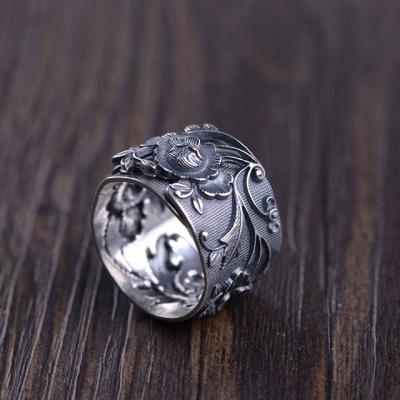 China Wholesale TRENDY Flower Retro Peony Relief Fashion 925 Sterling Silver Jewelry Open Ring For Women Anillos for sale