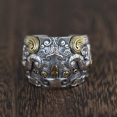 China Vintage 925 Sterling Silver Men Retro Beast Silver Punk Gluttonous Auspicious Ring for sale