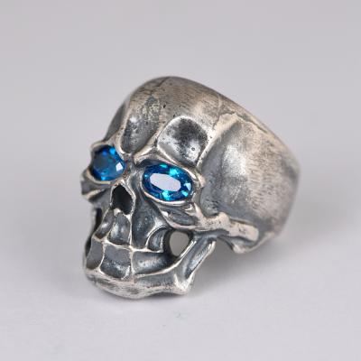 China 100% Punk 925 Sterling Silver Tai-yin Skull Retro Blue Eyes Zircon Mens Punk Rings for sale