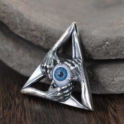 China Genuine 990 Sterling Silver Hip Hop Triangle Hand Eye Necklace Pendant Vintage Hiphop Men's Jewelry Pendant For Men for sale