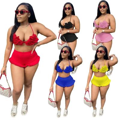 China New Summer Women's Breathable Outfits Bikini Crop Top And Shorts Matching Sets Women Cute Set Summer Beach Wear Women Shorts Sets for sale