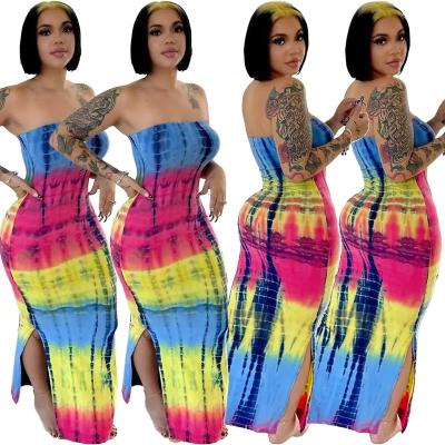 China Summer Breathable Women Dress Tie Dye Print Off Shoulder Bodycon Long Maxi Dress Women Casual for sale