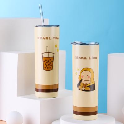 China DIY 20oz Mug Sublimation Double Wall Stainless Steel Cartoon Viable White Straight Coffee Mug With Plastic Straw for sale