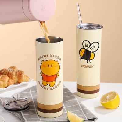 China Sustainable DIY 20oz Double Wall Vacuum Insulated Stainless Steel Straight Cup With Straw And Lid Cartoon Travel Coffee Mug for sale