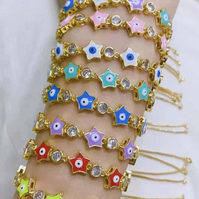 China FASHIONABLE 18k Gold Plated Color Star Pentagon Rainbow Enamel Multi Colored Spiritual Evil Eyes CZ Tennis Link Chain Bracelets for sale