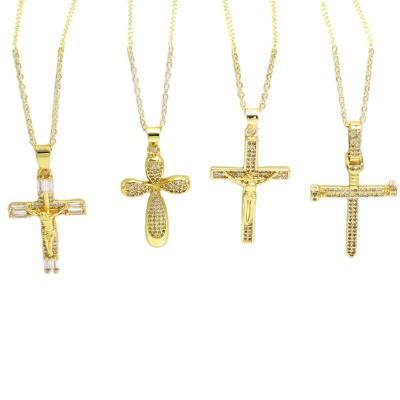 China Vintage Fashion Jewelry Pave Cross Necklace Christian Jewelry For Girls Trendy Pearl Chain Necklace Gold Plated Pendant 18k Jewelry pvd for sale