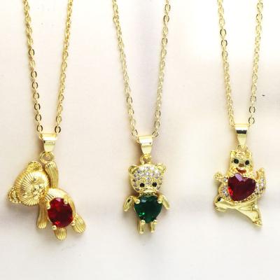 China TRENDY Ladies Wholesale Animal Bear Charm Pendant Chain Jewelry Brass Gold Plated Bling Diamond Crystal Heart Teddy Bear Necklace for sale