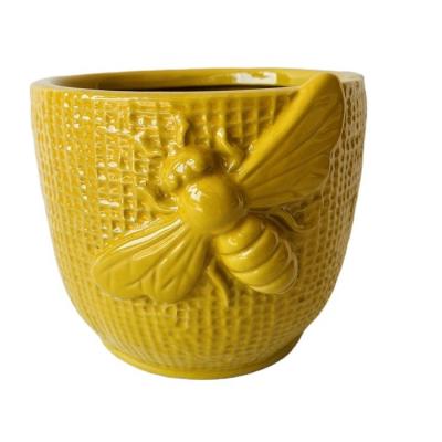 China High Quality Home Decoration Plant Garden Decoration Color Luster Bee Relief Porcelain Ceramic Yellow Flower Pot For Garden Decor for sale