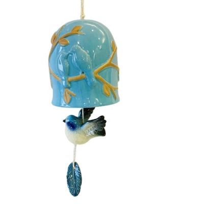 China Blue Art Deco Ceramic Garden Decoration Chandelier Wind Bell Chimes with Bird Design for sale