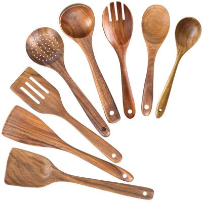 China Non Stick Non Scratch 8 Pcs High Quality Natural Teak Wood Non Stick Kitchen Utensil Non Scratch Wooden Utensils Set For Kitchen for sale