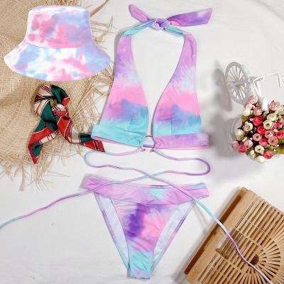 China 2021 Hot Seller Tie Dye Breathable Printing 3pcs Bucket Hat And Swimwear Set for sale