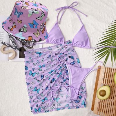 China 2021 Hot Seller Breathable Butterfly Printing Bikini Swimwear Swimwear With Bucket Hat for sale