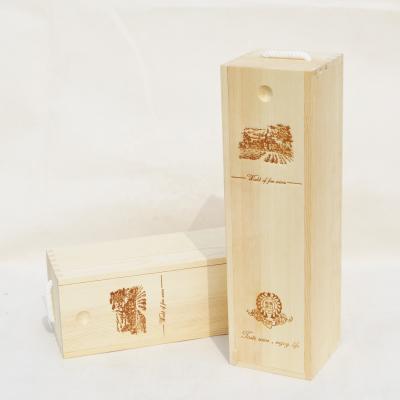 China Handmade Wooden Wine Bottle Gift Packaging Pine Wood Wine Gift Box With Slipping Lid Rope Handle for sale