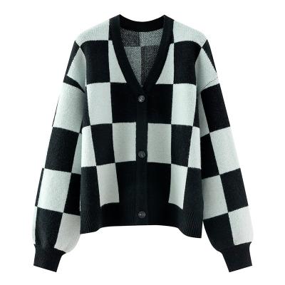 China Winter Fashion Anti-wrinkle Low Moq Stylish Women Knitted Cardigans Coat Designer Women Sweater Long Sleeve Black Plaid Cardigan for sale