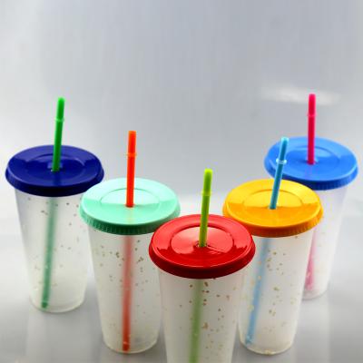 China Color Changing 16oz 24oz Reusable Plastic Water Cup Confetti Color Changing Cups With Lid And Straw for sale