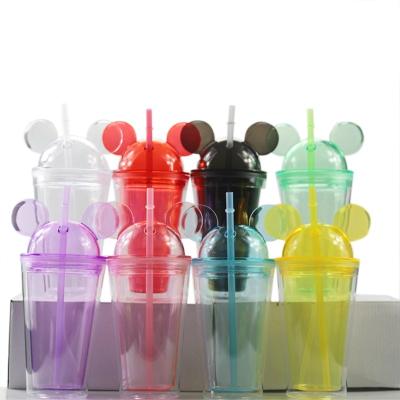 China Viable Hot Selling Double Wall Tumbler Cups 16oz Plastic Mouse Ear Mickey Mouse Ear Tumbler With Straw And Lid for sale