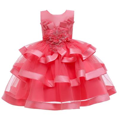 China Anti-Static Finished Atmosphere Girls Ball Gown Formal Party Wear Layared Flowers Dress Girl Clothes Princess Dress For Kids for sale