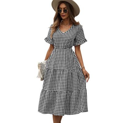 China Summer Breathable Ruffle V-Neck Breathable Ruffle Midi Tiered Length Tiered Casual Cuff A Line Gingham Dress for sale