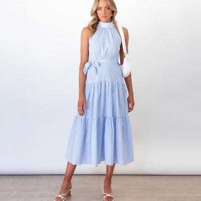 China Breathable Faux Neck Sleeveless Tie Sash Summer Skirt A-Line Tiered Halter Striped Midi Dress for sale