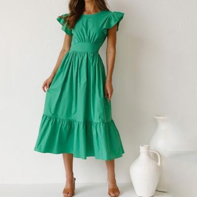 China Low V Back Washable Short Ruched Sleeves With Midi Self Tie Waist Green A Line Dress Dresses for sale