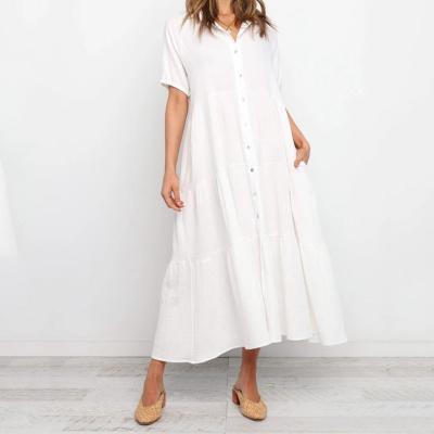 China YUNNES Washable White Collared Short Sleeve Button Down Side Pockets Relaxed Fit Tiered Midi Shirt Dress for sale