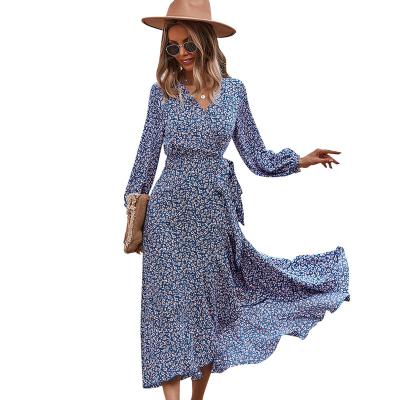 China Autumn Women Ditsy Floral Ruffle Washable V-Neckline with Long Sleeve Split Front Tie One Piece Wrap Midi Casual Dresses for sale